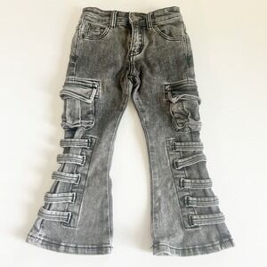 Valabasas Play Kids Acid Wash Stacked Cargo Strap Streetwear Flare Jeans Size 4T